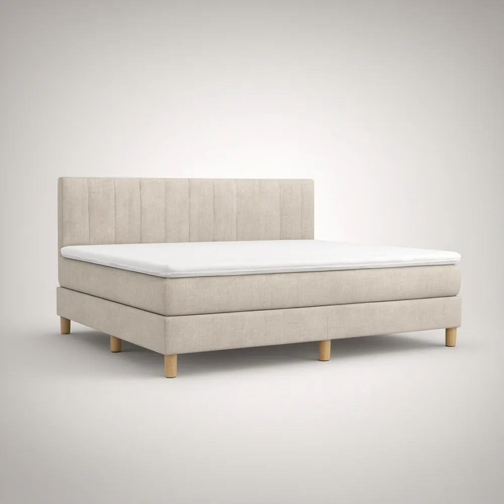 Beżowe łóżko kontynentalne 180 x 200 cm z materacem kieszeniowym i topperem