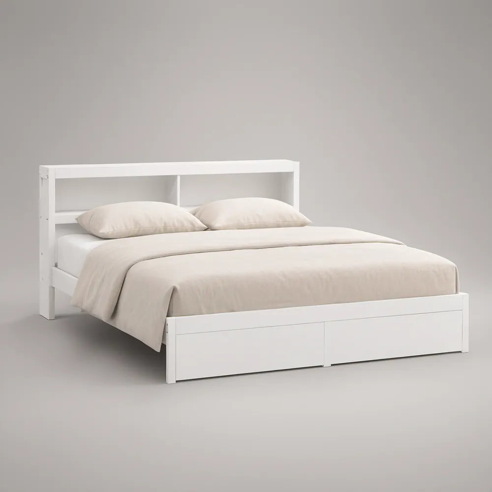 Białe łóżko dwuosobowe z litego drewna sosnowego i MDF, z półkami i 2 szufladami, 160 × 200 cm