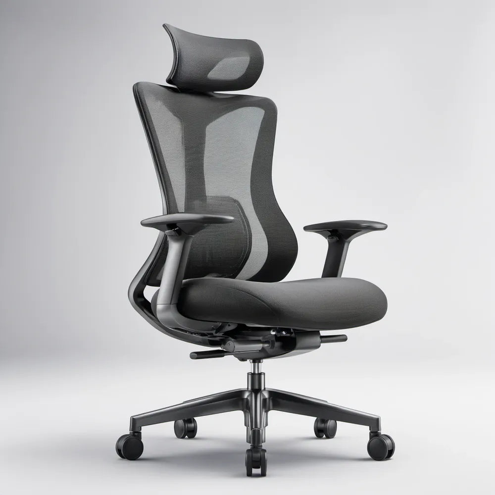 Ergonomiczne czarne krzesło biurowe z siatkowym oparciem i zagłówkiem, 65 x 65 x 120–130 cm