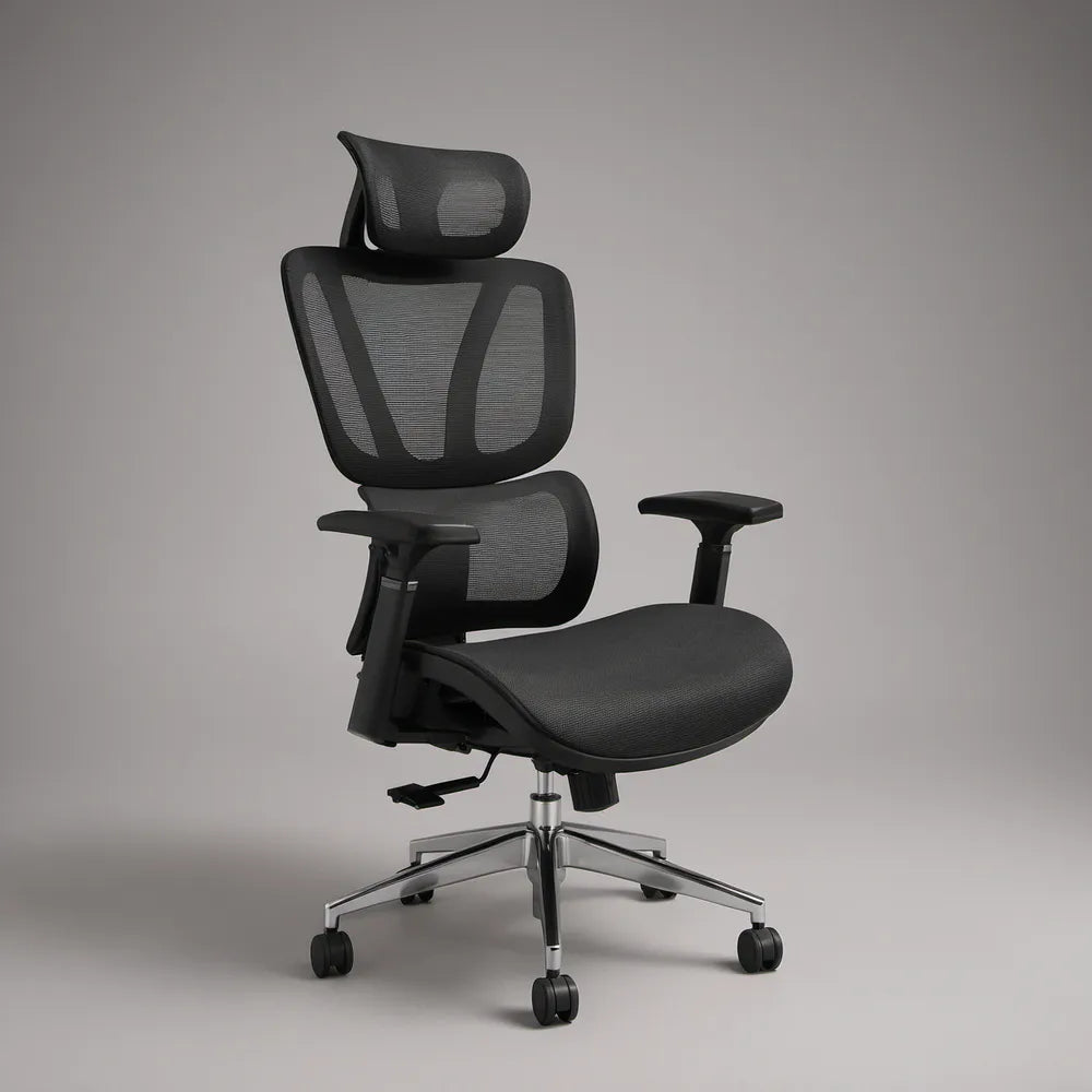 Ergonomiczny fotel obrotowy z zagłówkiem i siatkowym oparciem, czarno-srebrny, 64 × 64 × 120–130 cm