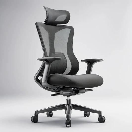 Ergonomiczne czarne krzesło biurowe z siatkowym oparciem i zagłówkiem, 65 x 65 x 120–130 cm