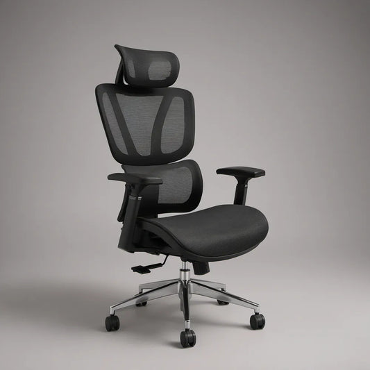 Ergonomiczny fotel obrotowy z zagłówkiem i siatkowym oparciem, czarno-srebrny, 64 × 64 × 120–130 cm
